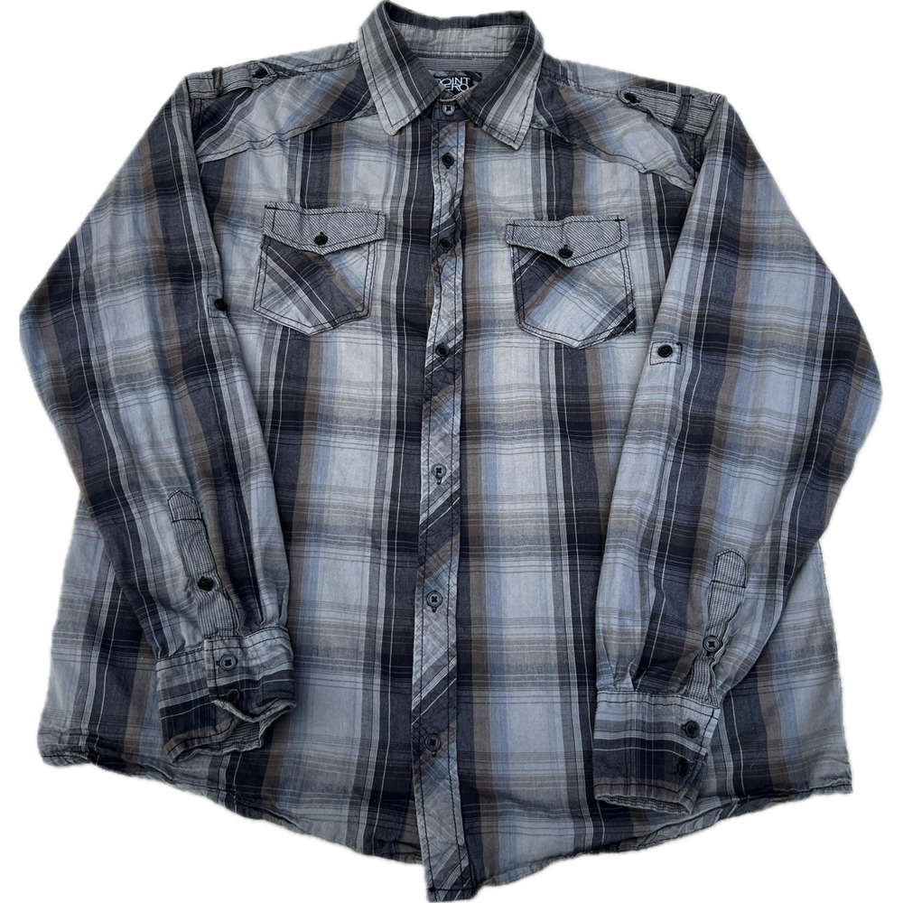 Point Zero Mens XL Plaid Button Down Shirt Black Grey Cotton Roll Tab Epaulets